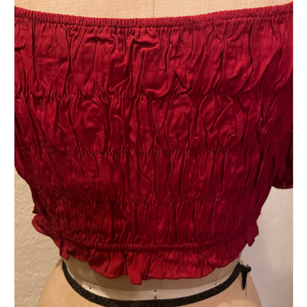 Dark Red Square Neck Ruffled Lantern Sleeve Cropped Top NWT Size XL - Picture 8 of 10